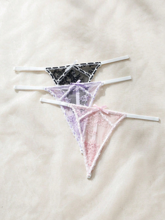 Ropa Interior De Encaje Negro Para Mujeres Con Tanga Y Lazo En La Parte Trasera