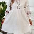 Vestido smock con bordado floral de manga farol