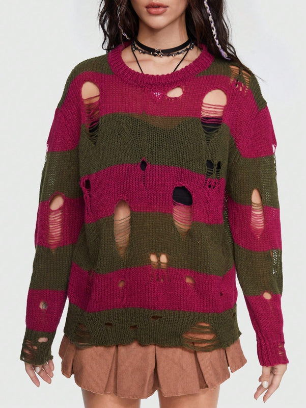 ROMWE Jersey de color combinado desgarro de hombros caidos