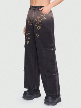 ROMWE Grunge Punk Jeans cargo con estampado de estrella con bolsillo con solapa