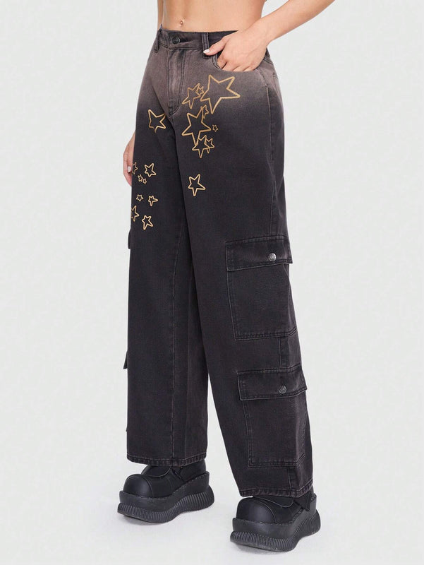 ROMWE Grunge Punk Jeans cargo con estampado de estrella con bolsillo con solapa