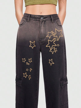 ROMWE Grunge Punk Jeans cargo con estampado de estrella con bolsillo con solapa