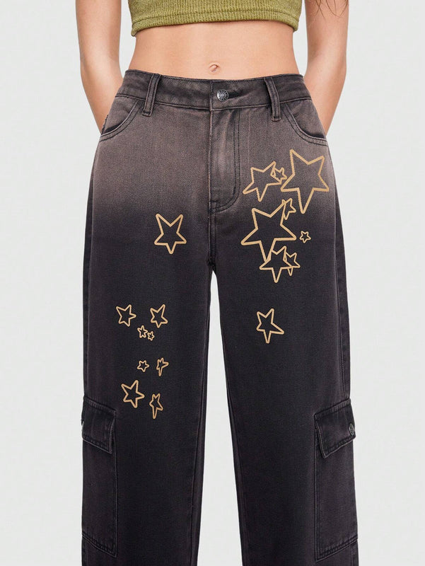 ROMWE Grunge Punk Jeans cargo con estampado de estrella con bolsillo con solapa