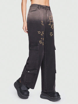 ROMWE Grunge Punk Jeans cargo con estampado de estrella con bolsillo con solapa