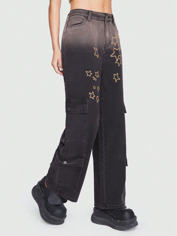ROMWE Grunge Punk Jeans cargo con estampado de estrella con bolsillo con solapa