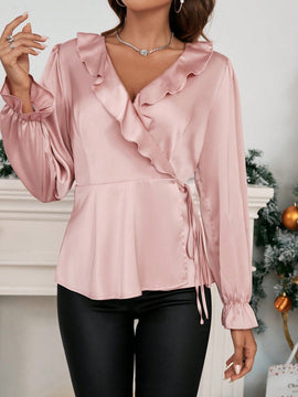 Prive Blusa ribete con fruncido con nudo lateral de manga con volante cruzado de saten
