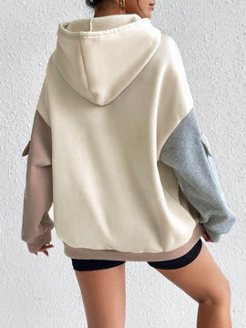 Moosta sudadera con capucha casual con bloque de color, bolsillo decorativo y mangas largas