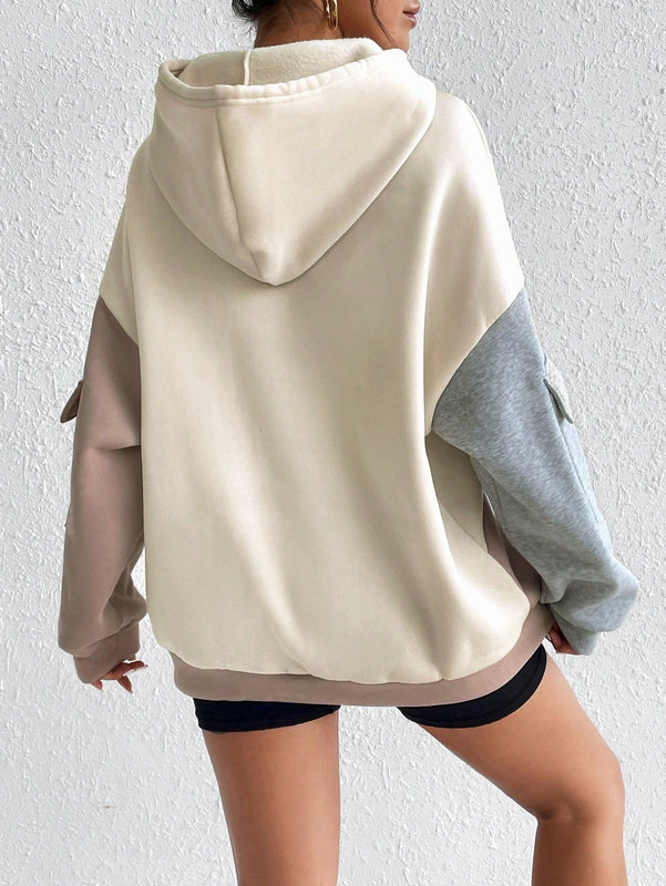 Moosta sudadera con capucha casual con bloque de color, bolsillo decorativo y mangas largas