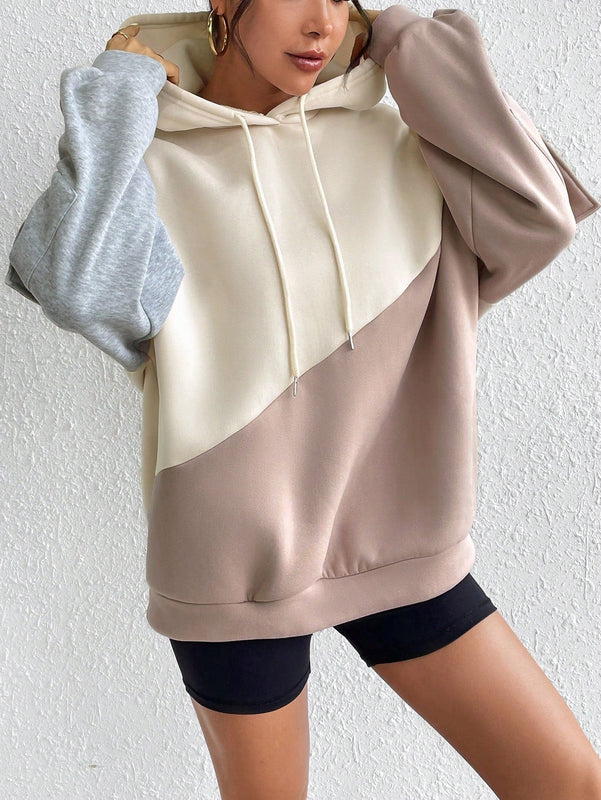 Moosta sudadera con capucha casual con bloque de color, bolsillo decorativo y mangas largas