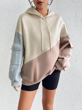 Moosta sudadera con capucha casual con bloque de color, bolsillo decorativo y mangas largas