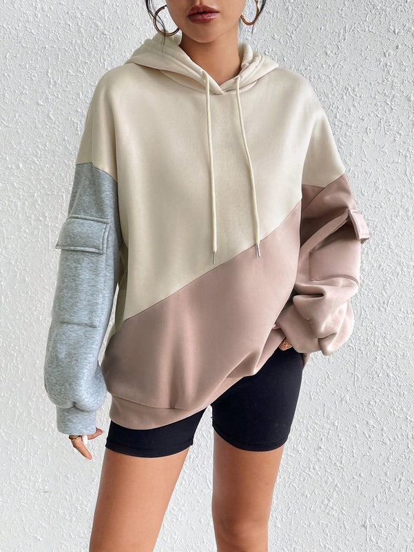 Moosta sudadera con capucha casual con bloque de color, bolsillo decorativo y mangas largas