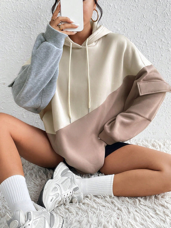 Moosta sudadera con capucha casual con bloque de color, bolsillo decorativo y mangas largas