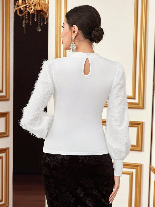 Modely Top de cuello con abertura de ojo de peluche de manga farol