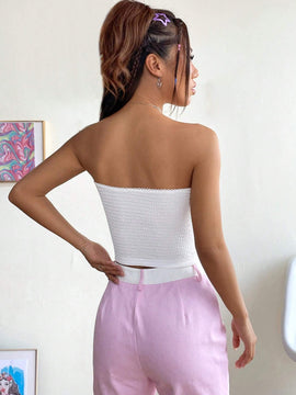 EZwear Top Brasier sin tirantes unicolor fruncido delantero aplique floral adorno