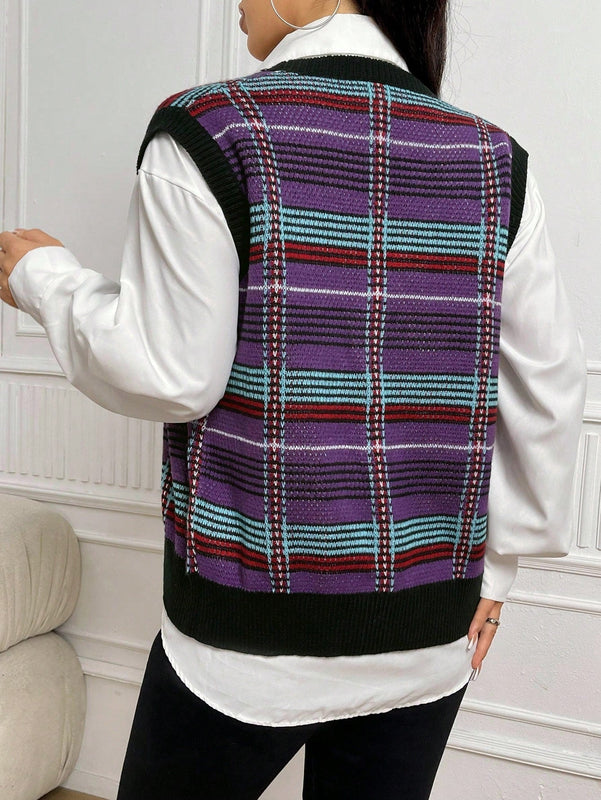 EZwear Chaleco de punto con patron de cuadros con boton delantero sin camisa