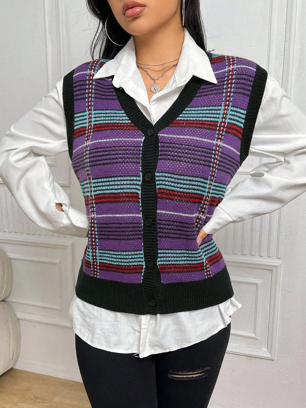 EZwear Chaleco de punto con patron de cuadros con boton delantero sin camisa