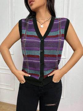 EZwear Chaleco de punto con patron de cuadros con boton delantero sin camisa