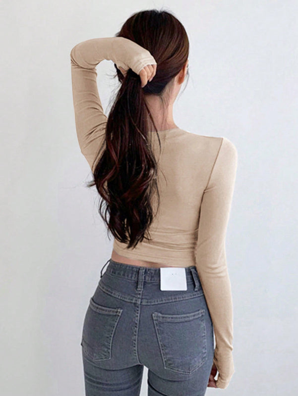 DAZY Camiseta De Manga Larga Ajustada Para Mujer Y Cortada
