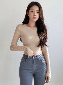 DAZY Camiseta De Manga Larga Ajustada Para Mujer Y Cortada