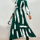 Vestido con cinturon con estampado de pincelada de manga farol bajo con fruncido