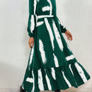Vestido con cinturon con estampado de pincelada de manga farol bajo con fruncido