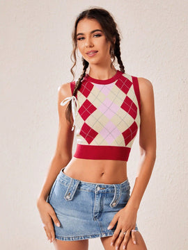EZwear Chaleco de punto crop con patron de rombo