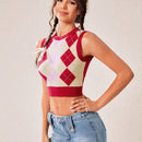 EZwear Chaleco de punto crop con patron de rombo