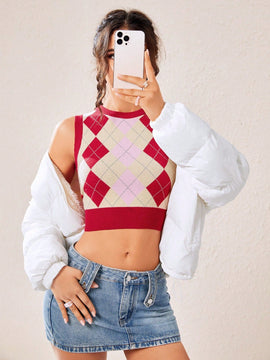 EZwear Chaleco de punto crop con patron de rombo