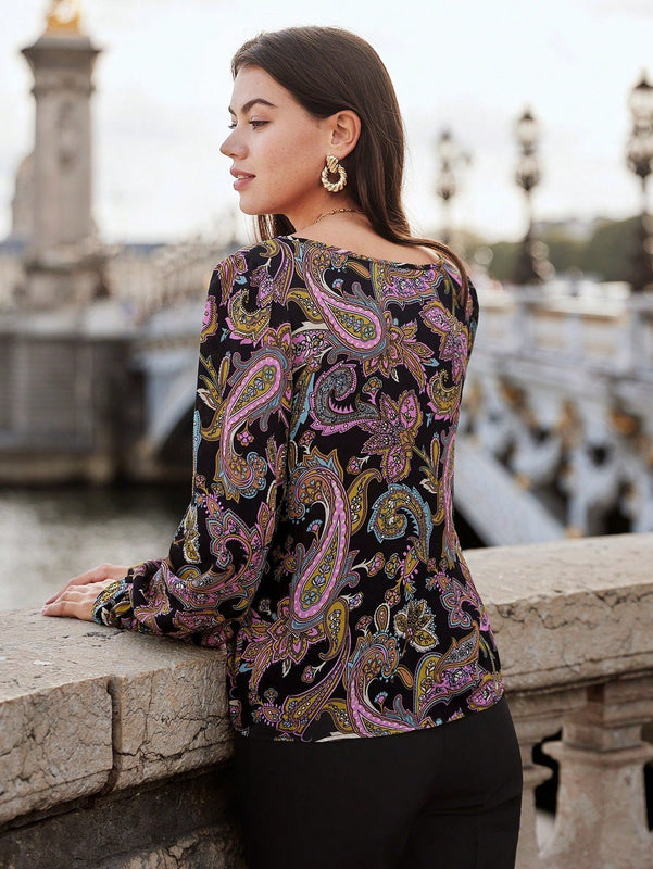 Frenchy Blusa con estampado de paisley de manga con volante