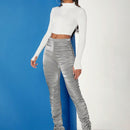 Haute Pantalones Metalicos Con Ruched, Lateral Con Cordon De Lazo En El Dobladillo