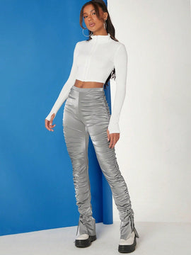 Haute Pantalones Metalicos Con Ruched, Lateral Con Cordon De Lazo En El Dobladillo