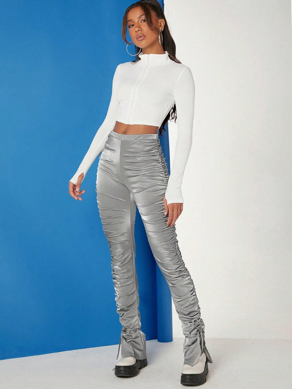 Haute Pantalones Metalicos Con Ruched, Lateral Con Cordon De Lazo En El Dobladillo
