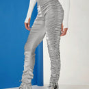 Haute Pantalones Metalicos Con Ruched, Lateral Con Cordon De Lazo En El Dobladillo