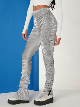 Haute Pantalones Metalicos Con Ruched, Lateral Con Cordon De Lazo En El Dobladillo