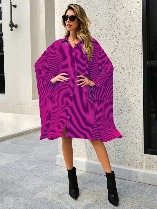 Vestido camisero con estampado de rayas de manga enrollada con boton delantero