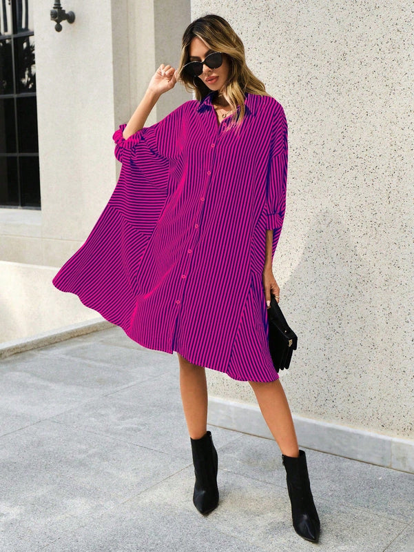 Vestido camisero con estampado de rayas de manga enrollada con boton delantero