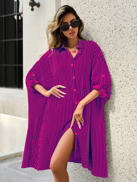 Vestido camisero con estampado de rayas de manga enrollada con boton delantero