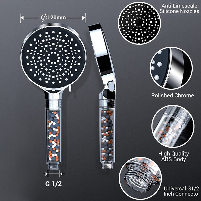 1 pieza de cabeza de ducha ahorradora de agua de acero inoxidable con filtro de cuentas, 6 modos ajustables de pulverización de alta presión, forma redonda, accesorios de baño, cabeza de ducha para baño.