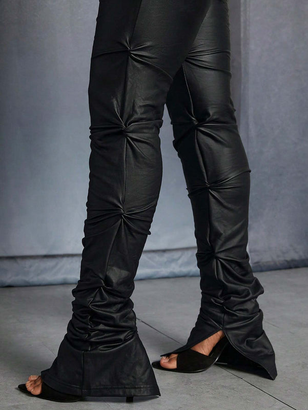 Slayr Pantalones de mujer Bodycon de PU apilados con cintura cortada elegante ajustados informales de estilo callejero de festival de musica sexy de verano 2024