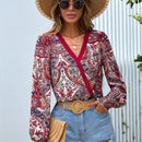 VCAY Blusa con estampado de paisley de cuello cruzado de manga farol