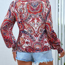 VCAY Blusa con estampado de paisley de cuello cruzado de manga farol