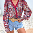 VCAY Blusa con estampado de paisley de cuello cruzado de manga farol
