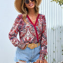 VCAY Blusa con estampado de paisley de cuello cruzado de manga farol