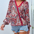 VCAY Blusa con estampado de paisley de cuello cruzado de manga farol