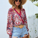 VCAY Blusa con estampado de paisley de cuello cruzado de manga farol