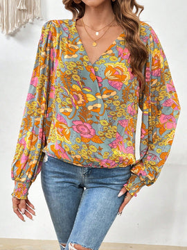 VCAY Blusa con estampado floral de cuello cruzado de manga farol