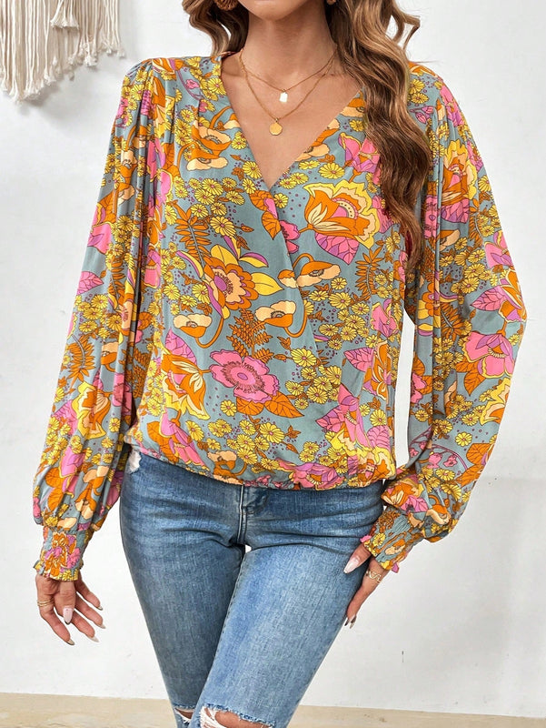 VCAY Blusa con estampado floral de cuello cruzado de manga farol