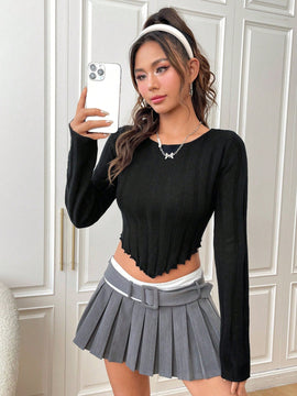EZwear Jersey crop unicolor ribete en forma de lechuga bajo asimetrico