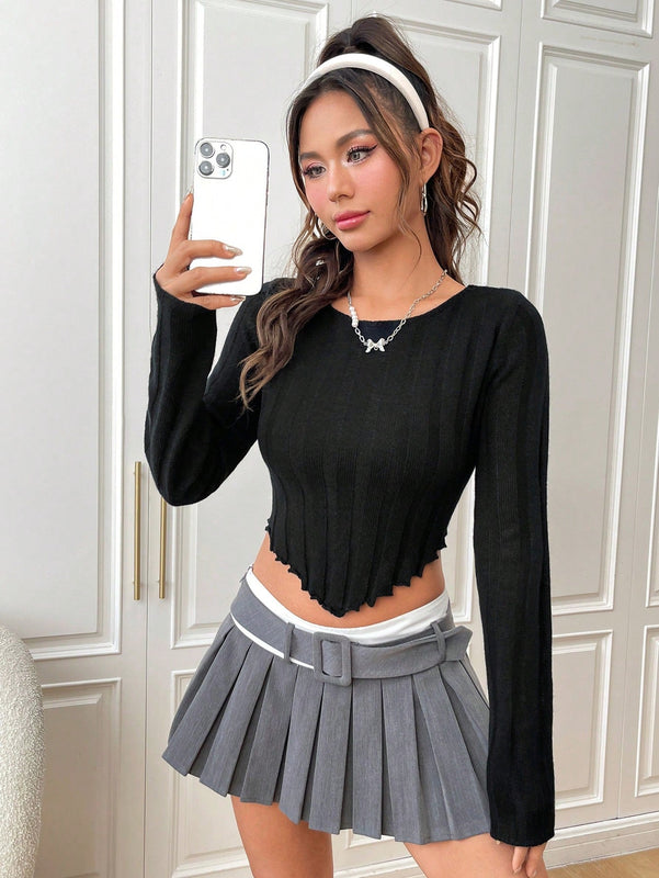 EZwear Jersey crop unicolor ribete en forma de lechuga bajo asimetrico