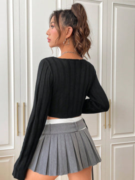 EZwear Jersey crop unicolor ribete en forma de lechuga bajo asimetrico